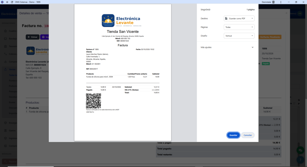 Factura de nuestro software de facturación para autónomos con código QR de Verifactu y mención de factura verificable