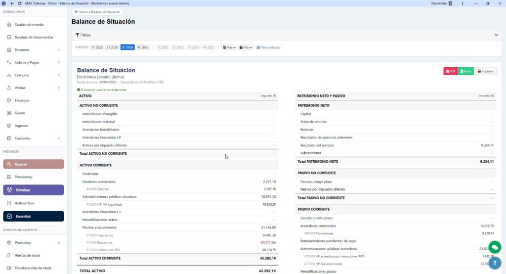 Balance de situación generado por el sistema de contabilidad con Verifactu de OMG Sistemas