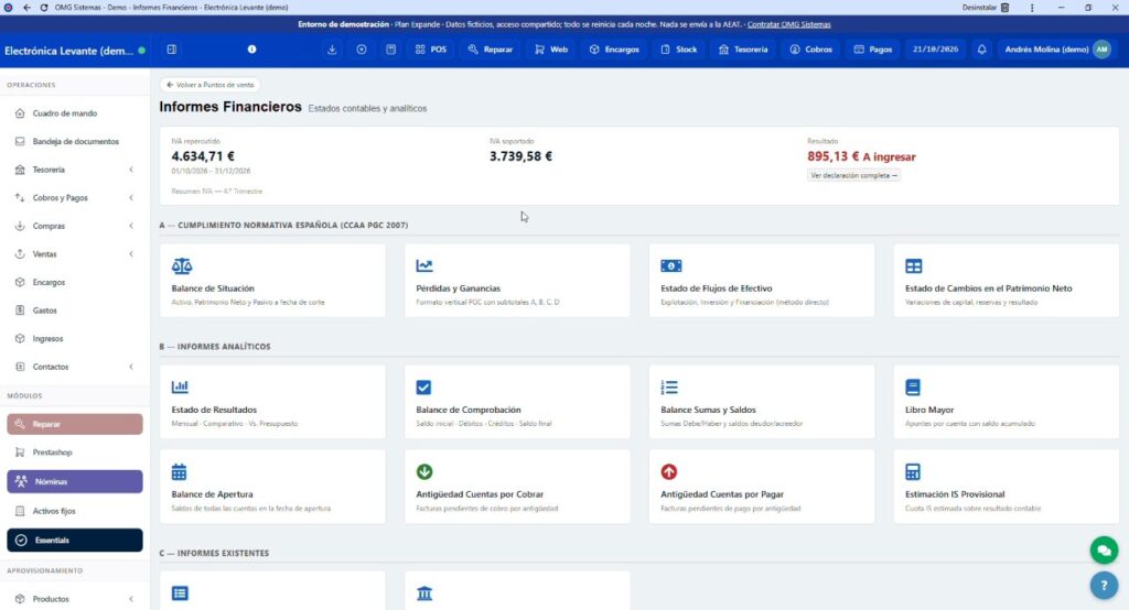 Informes financieros de OMG Sistemas con libro mayor, sumas y saldos y balance de comprobación