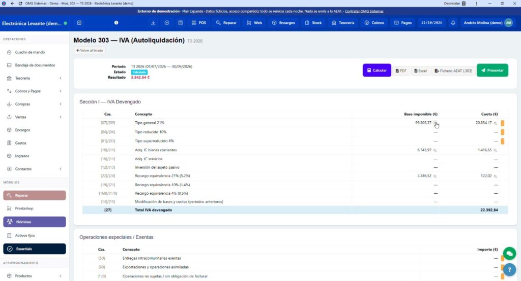 Modelo 303 de IVA con exportación en PDF, Excel y fichero AEAT desde OMG Sistemas