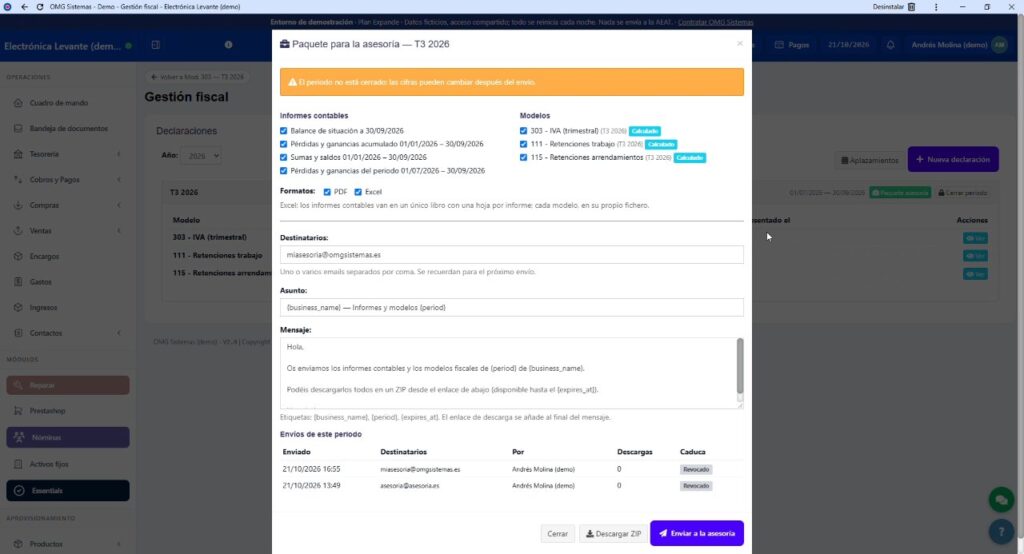 Paquete para la gestoría con informes contables y modelos fiscales en PDF y Excel