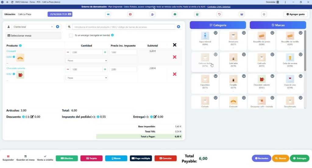 Software de facturación para autónomos con Verifactu: TPV de OMG Sistemas en una cafetería, demo con datos ficticios