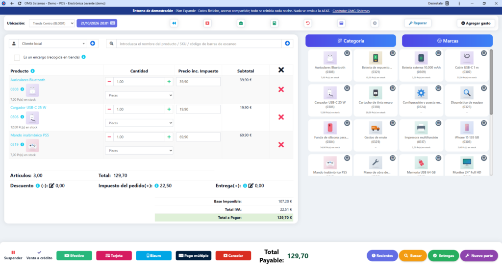 TPV de OMG Sistemas con Verifactu: venta de productos y cobro en pantalla táctil